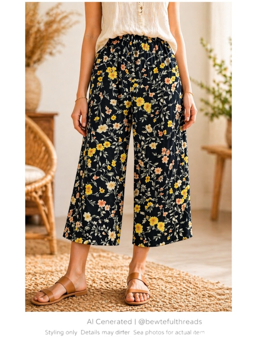 Black Floral Cropped Wide Leg Pants Boho Resort Cottagecore XS